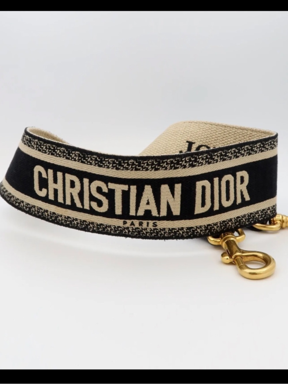 AUTH Dior Black & Beige Christian Dior Webbing Strap with Gold Clips